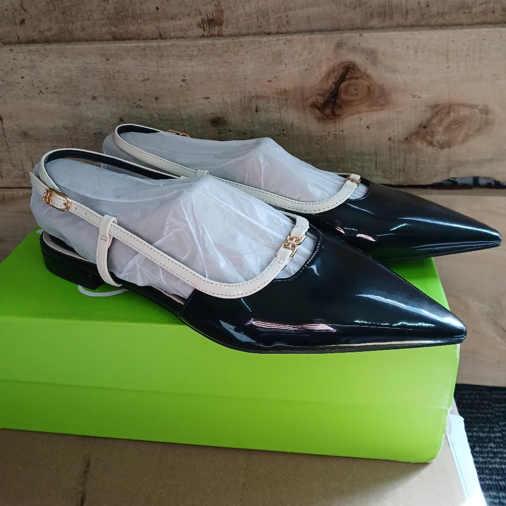 NEW Sam Edelman Women's Cohen Black/White Slingback Pointy Toe Flats 8.5 - Picture 3 of 9